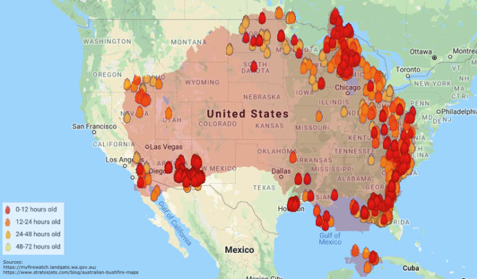 It+may+be+hard+to+visualize+the+scope+of+the+brushfires.+This+graphic+shows+the+size+of+the+fires+over+a+map+of+the+United+States.
