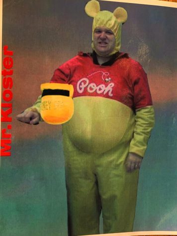 Mr. Kloster in a Winnie the Pooh costume, as dared by his students.
